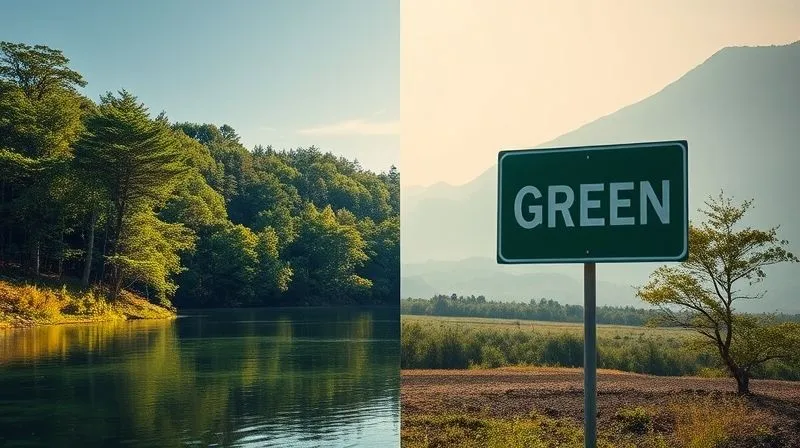 A photorealistic split image: on one side, a bright, vibrant forest with clear, clean water, representing genuine ethical investment. On the other side, a hazy, slightly polluted landscape with a faded 'green' sign, representing greenwashing. The contrast is stark, professional photography, 8K, cinematic lighting, sharp focus, depth of field, shot on a high-end DSLR.