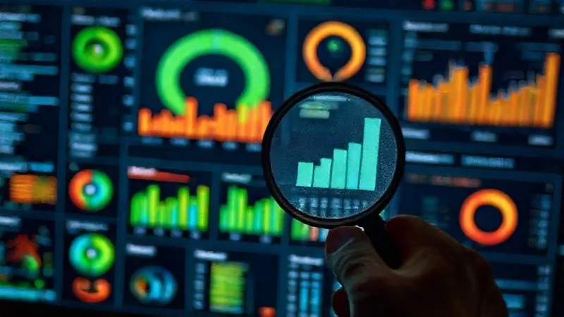 photorealistic, professional photography, 8K, cinematic lighting, sharp focus, depth of field, shot on a high-end DSLR, a person's hand meticulously examining a complex digital dashboard displaying various ESG metrics and conflicting sustainability reports, with a magnifying glass highlighting discrepancies, conveying the need for critical scrutiny.