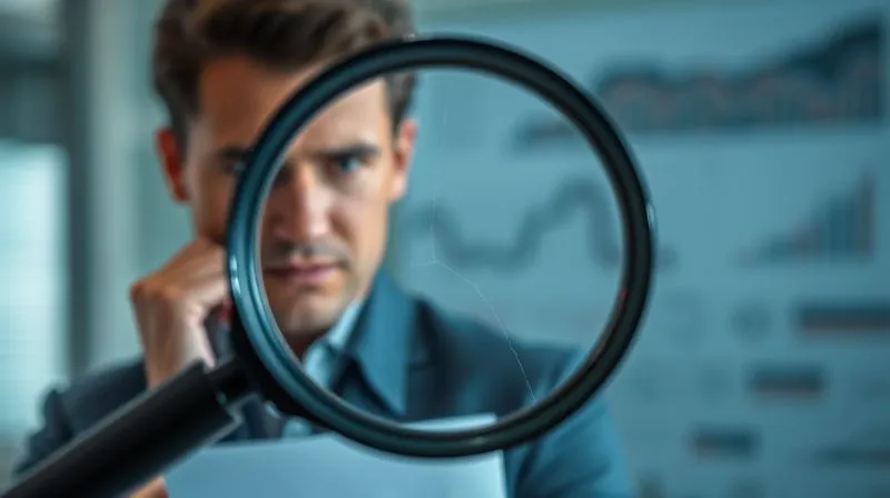 A photorealistic image of a business person with a perplexed expression, looking at a blurred financial report, while a magnifying glass in the foreground sharply focuses on a small, almost invisible crack in a glass pane. Cinematic lighting, sharp focus on the crack, depth of field, 8K hyper-detailed, professional photography, shot on a high-end DSLR.