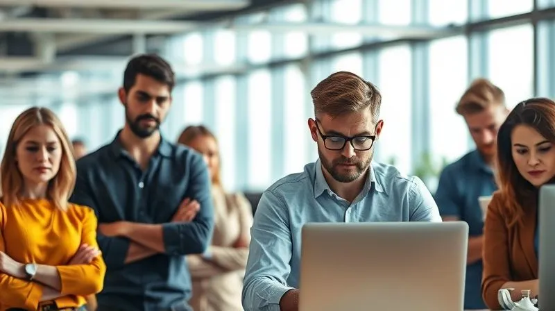 A photorealistic image of a team of diverse startup employees, some looking disengaged or stressed, while a single, focused employee works diligently. The background shows a modern, open-plan office. Cinematic lighting, sharp focus on the contrast between engagement levels, depth of field, 8K hyper-detailed, professional photography, shot on a high-end DSLR.