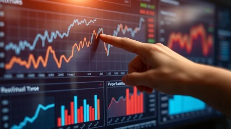 A photorealistic image of a detailed financial dashboard with various charts and graphs, showing a clear upward trend in one metric and a subtle, almost hidden downward trend in another. A hand points to the subtle downward trend. Cinematic lighting, sharp focus on the dashboard, depth of field, 8K hyper-detailed, professional photography, shot on a high-end DSLR.