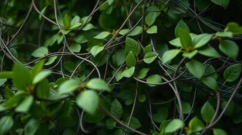 A photorealistic image of a complex, entangled web of green leaves and wires, symbolizing the difficulty in discerning genuine sustainable investments from greenwashing. Cinematic lighting, sharp focus, depth of field. 8K.