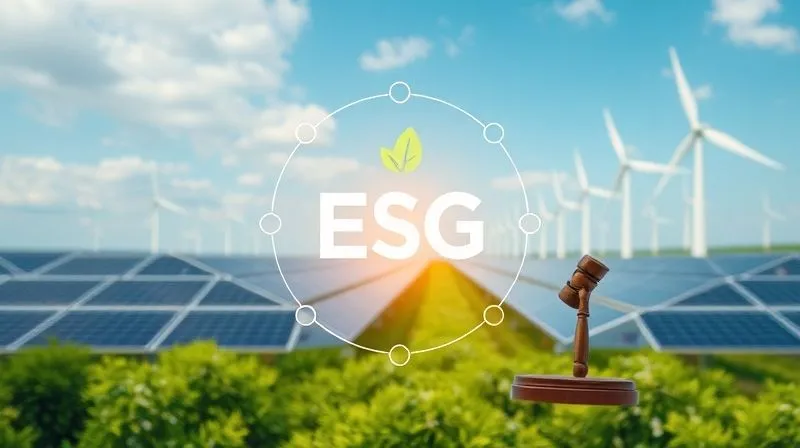 A photorealistic infographic showing interconnected ESG (Environmental, Social, Governance) factors, represented by subtle icons (a leaf, people, a gavel) within a clean energy landscape of solar panels and wind turbines. Professional photography, 8K, cinematic lighting, sharp focus on the infographic elements, depth of field blurring the background. Shot on a high-end DSLR.
