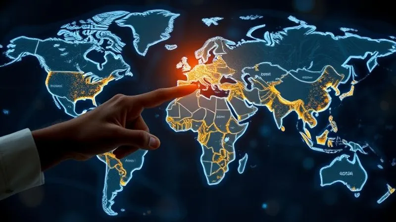 A photorealistic image of a global map overlaid with subtle, glowing lines representing international clean energy policies and cross-border collaborations, with a hand pointing to a specific region. Professional photography, 8K, cinematic lighting, sharp focus on the map and hand, depth of field. Shot on a high-end DSLR.