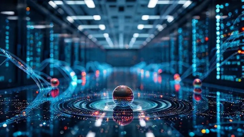 A photorealistic, professional photography, 8K, cinematic lighting, sharp focus on a complex data pipeline visualized as glowing digital streams flowing into a central, clean data lake, with diverse data points represented by different colored spheres, depth of field blurring the background of a modern data center. Shot on a high-end DSLR.