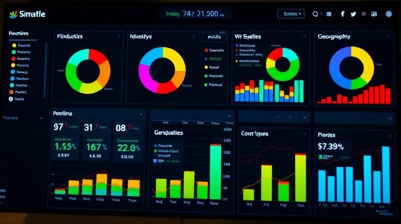 photorealistic, professional photography, 8K, cinematic lighting, sharp focus, depth of field, shot on a high-end DSLR. A detailed financial dashboard displaying a diversified loan portfolio, with various pie charts and bar graphs showing distribution across industries, geographies, and loan types. The data is clear and actionable, symbolizing strategic asset allocation and risk management.