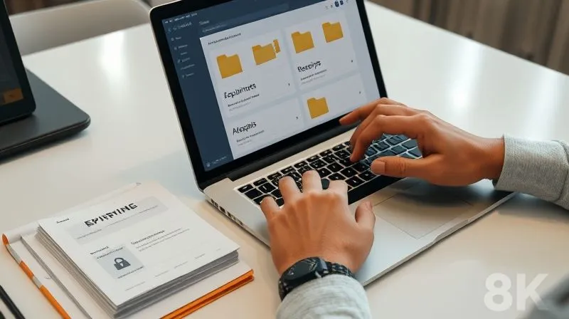 Photorealistic image of hands organizing digital files on a laptop screen, showing folders labeled 'Equipment Inventory', 'Receipts', and 'Appraisals'. A physical file folder with documents is next to the laptop, representing secure, organized record-keeping. The setting is a clean, professional desk. Cinematic lighting, sharp focus, 8K.