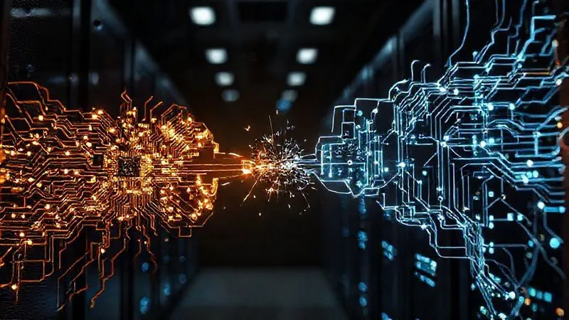 A photorealistic, professional photography image depicting two distinct, complex digital networks, one ancient and glowing with faint, intricate circuits, representing legacy systems, and the other sleek, modern, and brightly illuminated, representing new fintech. They are visually struggling to connect, with sparks or fragmented data streams between them, set against a dark, high-tech server room with cinematic lighting. Sharp focus on the point of struggle, depth of field blurring the background, 8K hyper-detailed, shot on a high-end DSLR, conveying a sense of challenge and the need for a solution.
