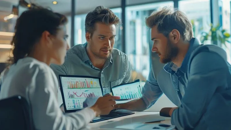 A photorealistic image of a person explaining complex financial charts on a tablet to an attentive couple, in a bright, modern office setting. Cinematic lighting, sharp focus, depth of field. 8K hyper-detailed, professional photography.