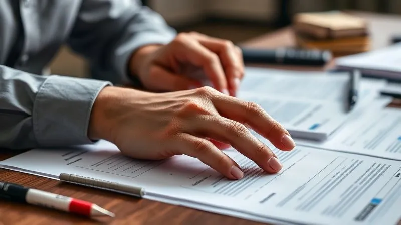 A photorealistic, professional photography, 8K, cinematic lighting, sharp focus, depth of field, shot on a high-end DSLR of a person's hands meticulously organizing legal documents on a desk, with tabs and highlighters, suggesting preparation for a court hearing. The background is blurred, focusing on the documents and hands.