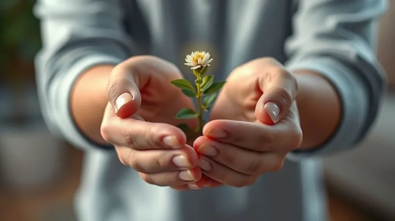 A photorealistic, professional photography, 8K, cinematic lighting, sharp focus, depth of field, shot on a high-end DSLR of a person holding a small, blooming plant in their cupped hands, surrounded by a soft glow, symbolizing financial protection and growth. The background is a blurred, peaceful home setting.