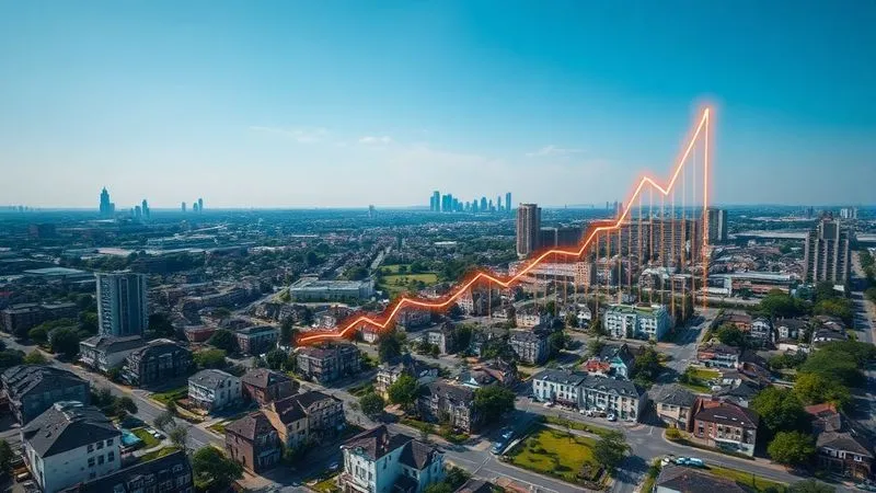 A photorealistic aerial view of a vibrant, revitalized urban neighborhood, with new buildings and green spaces, under a clear sky. A subtle, glowing financial graph overlayed on the scene, indicating growth. Cinematic lighting, sharp focus on the community, depth of field blurring the distant horizon, 8K hyper-detailed, professional photography, shot on a high-end DSLR.