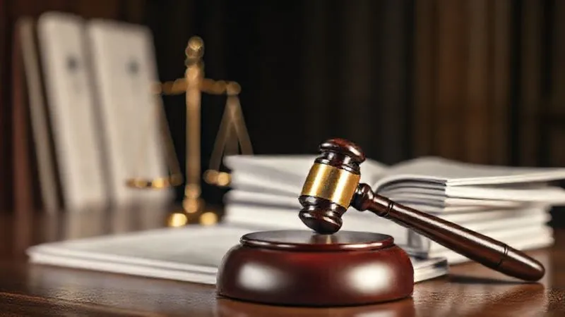 A photorealistic, professional photography image of a judge's gavel resting on a stack of court documents, with legal scales in the background, illuminated by solemn, cinematic lighting. Sharp focus on the gavel, depth of field, 8K hyper-detailed.
