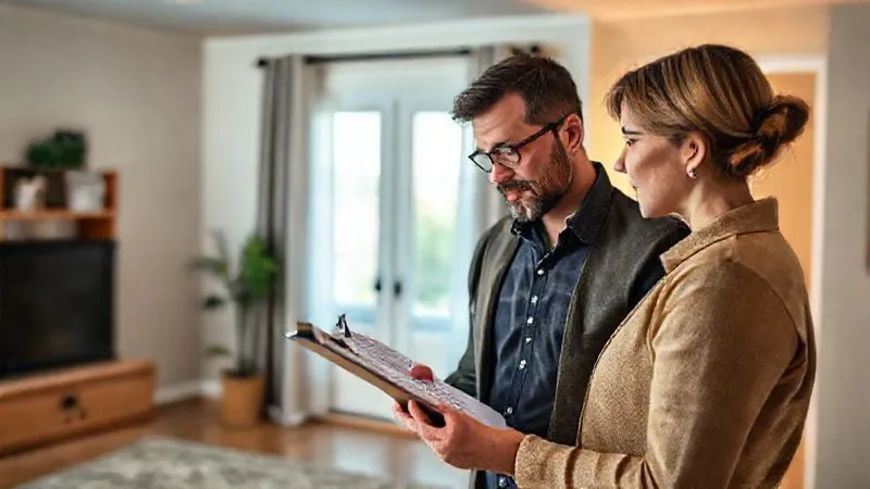 A photorealistic, professional photography image of a landlord inspecting a recently vacated rental property, clipboard in hand, noting details of minor wear and tear and potential damages. The scene is well-lit, showing attention to detail. Sharp focus, depth of field, 8K hyper-detailed.