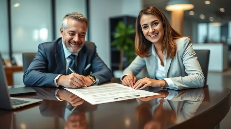 A photorealistic, professional photography shot of a landlord and a new tenant at a modern, well-lit office desk, both smiling slightly as they review and sign a formal lease agreement with a pen. The focus is on the document and their hands, with a subtle depth of field blurring the background. Cinematic lighting, 8K hyper-detailed, shot on a high-end DSLR.