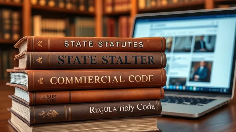 A photorealistic image of a stack of old, leather-bound law books titled 'State Statutes' and 'Commercial Code', with a modern laptop showing a regulatory website in the background, all bathed in warm, library-like lighting. Professional photography, 8K, cinematic lighting, sharp focus, depth of field, shot on a high-end DSLR, conveying legal research and the weight of law.