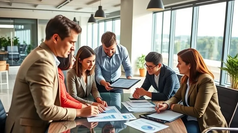 A photorealistic image of a diverse group of business professionals in a modern, sunlit office, gathered around a table, intently reviewing documents and discussing. One person points to a chart on a tablet, while another takes notes. The atmosphere is collaborative and strategic. Professional photography, 8K, cinematic lighting, sharp focus, depth of field, shot on a high-end DSLR, conveying smart business planning and due diligence.