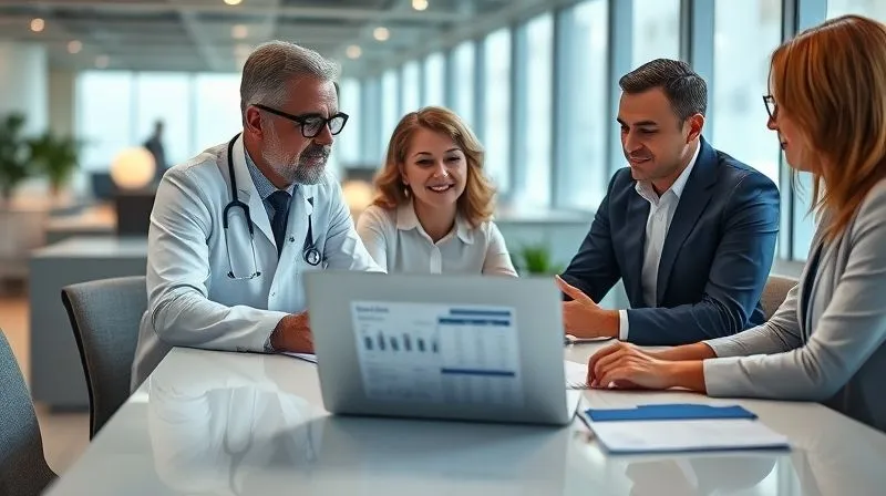 A photorealistic image of a diverse group of professionals (doctor, lawyer, consultant) collaborating around a brightly lit table, discussing financial documents. The table is clean and modern, with a laptop displaying a spreadsheet, cinematic lighting, sharp focus on the professionals' faces, depth of field blurring the background office, 8K hyper-detailed.