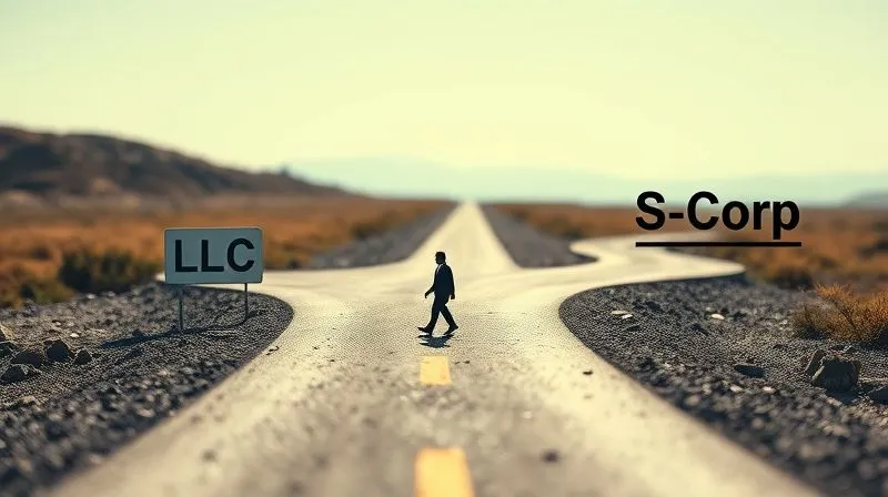 A photorealistic visual metaphor of two distinct paths or roads diverging, one labeled 'LLC' and the other 'S-Corp', with a small figure at the fork making a decision, surrounded by a clear, open landscape. The path to S-Corp appears slightly more efficient or less winding, cinematic lighting, sharp focus on the paths, depth of field blurring the distant horizon, 8K hyper-detailed.