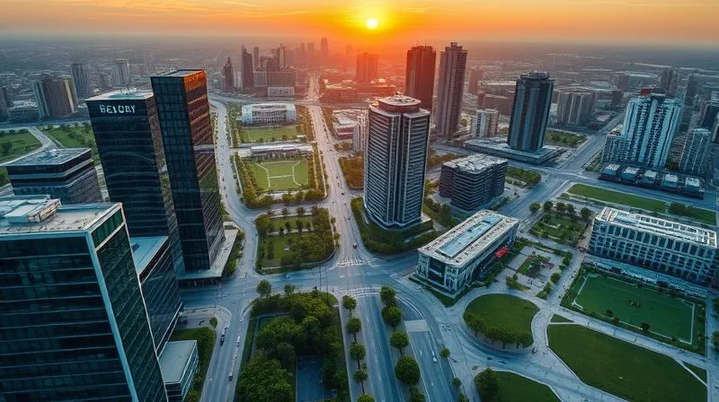A photorealistic aerial view of a vibrant, redeveloped urban area at dawn, with modern glass buildings reflecting the rising sun, green parks, and bustling streets, symbolizing growth, investment, and future prosperity. Professional photography, 8K, cinematic lighting, sharp focus on the cityscape, depth of field blurring the distant horizon.