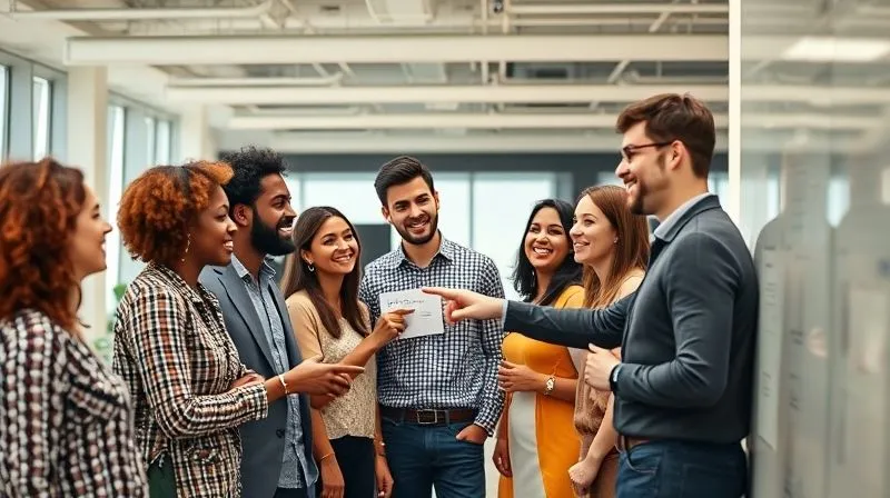 A photorealistic image of a diverse group of employees in a modern, open-plan office, engaged in a collaborative brainstorming session, smiling and pointing at a whiteboard with shared ideas. The atmosphere is vibrant and inclusive, symbolizing shared ownership and collective success. Professional photography, 8K, cinematic lighting, sharp focus on the group, depth of field blurring the background.