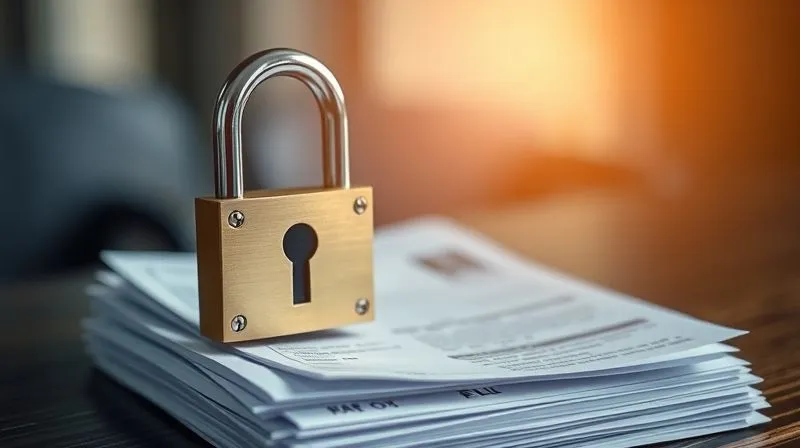 A photorealistic image of a secure digital lock overlaid on a stack of medical bills and investment statements, symbolizing financial security through smart health and wealth management. Cinematic lighting, sharp focus on the lock and documents, depth of field blurring the background, 8K hyper-detailed, professional photography.