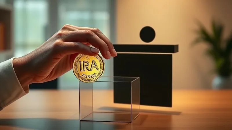 photorealistic, professional photography, 8K, cinematic lighting, sharp focus, depth of field, shot on a high-end DSLR. A hand holding a glowing golden coin labeled 'IRA funds' is making a direct, seamless transfer into a stylized, transparent silhouette of a charity collection box. The coin bypasses a dark, shadowy 'Taxable Income' barrier, illustrating a clean, untaxed flow. The background is a soft, warm office setting.