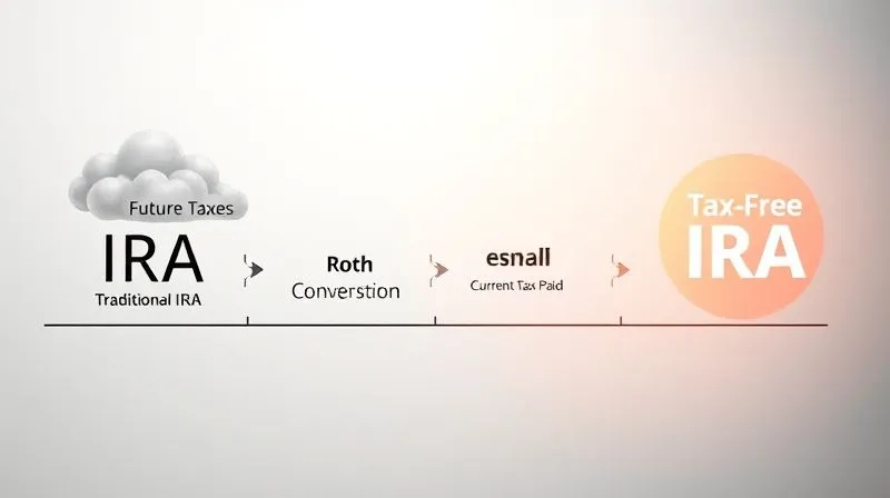 photorealistic, professional photography, 8K, cinematic lighting, sharp focus, depth of field, shot on a high-end DSLR. A clear, visual timeline depicts a financial journey. On the left, a 'Traditional IRA' symbol is shown under a cloud of 'Future Taxes'. An arrow points to the right, showing a 'Roth Conversion' event with a small, manageable 'Current Tax Paid' tag. Further right, a 'Roth IRA' symbol is bathed in bright, clear light, signifying 'Tax-Free Future'. The overall image conveys foresight and strategic timing.