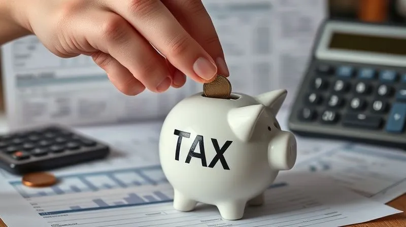 A photorealistic image of a hand dropping a coin into a stylized piggy bank that is shaped like a tax form, with a blurred background of financial documents and a calculator. Professional photography, 8K, cinematic lighting, sharp focus on the hand and piggy bank, depth of field blurring the background, shot on a high-end DSLR.