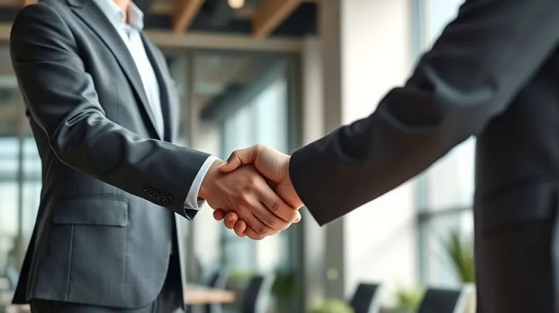 Photorealistic image of a professional wealth manager in a modern office, shaking hands with a client, cinematic lighting, sharp focus on the handshake, depth of field blurring the background.
