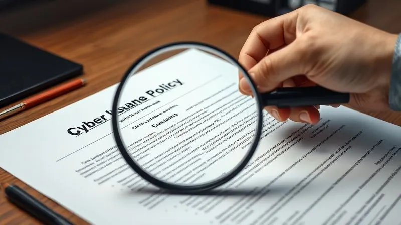 A photorealistic image of a detailed cyber insurance policy document, with a hand holding a magnifying glass over complex clauses and exclusions. The setting is a professional, well-lit office desk. Professional photography, 8K, cinematic lighting, sharp focus on the document and magnifying glass, depth of field blurring the background, shot on a high-end DSLR.