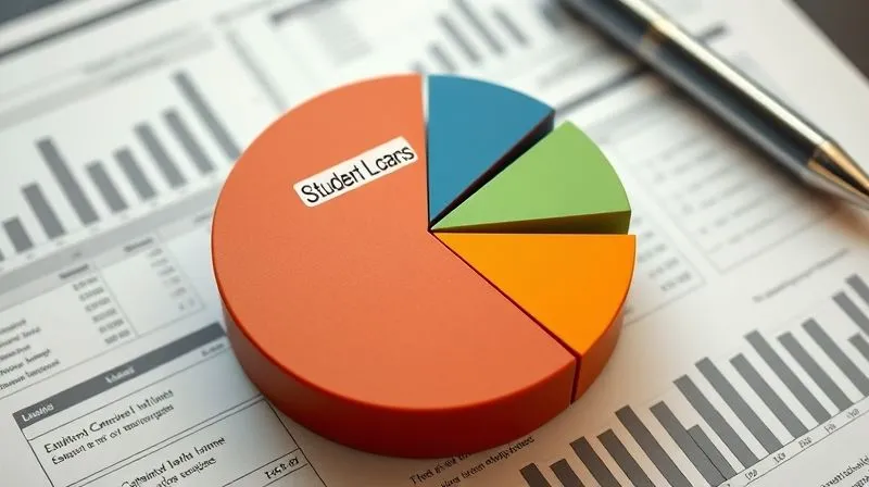 A photorealistic infographic showing a pie chart representing Debt-to-Income ratio, with a significant slice labeled 'Student Loans' dominating, surrounded by smaller slices for other debts and income. The chart is clean, professional, and visually clear, with cinematic lighting, sharp focus, depth of field blurring a background of financial documents, 8K hyper-detailed, shot on a high-end DSLR.