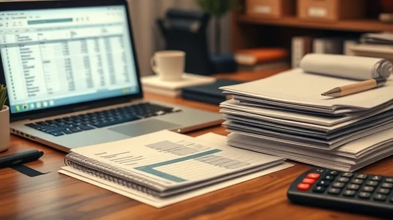 A photorealistic image of a neatly organized desk with stacks of financial documents, a laptop displaying a spreadsheet, and a calculator. The scene is well-lit, conveying meticulous financial planning and organization. Cinematic lighting, sharp focus on the documents, depth of field blurring the background, 8K hyper-detailed, shot on a high-end DSLR.