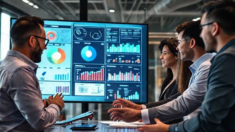 A photorealistic image showing a diverse group of business professionals in a modern office collaborating around a large interactive screen displaying complex market research data, including pie charts, bar graphs, and demographic breakdowns. The atmosphere is focused and analytical, with sharp focus on the data and the engaged expressions of the team. Cinematic lighting, depth of field, 8K hyper-detailed, professional photography, shot on a high-end DSLR.