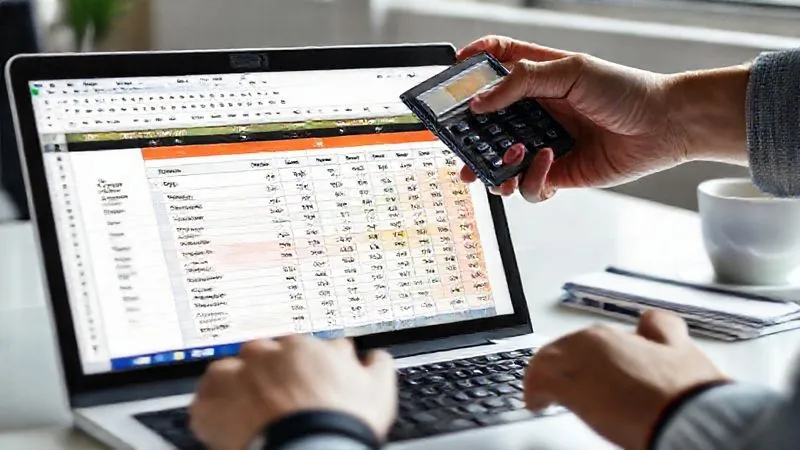 A photorealistic image of a detailed, color-coded spreadsheet open on a laptop screen, showing various expense categories like 'Salaries', 'Marketing', 'Rent', 'Software', with corresponding projected costs. A hand holds a calculator, indicating careful budgeting and analysis. The setting is a clean, modern office desk with a coffee cup and a notepad. Cinematic lighting, sharp focus on the screen, depth of field, 8K hyper-detailed, professional photography, shot on a high-end DSLR.