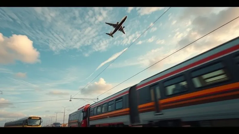 A photorealistic image from a low angle, showing a diverse range of budget transportation options: a distant plane taking off, a bus parked at a station, a train speeding by, and a car on a highway, all under an urgent, cinematic sky. Sharp focus on the ground transport, depth of field blurring the sky, 8K, professional photography.