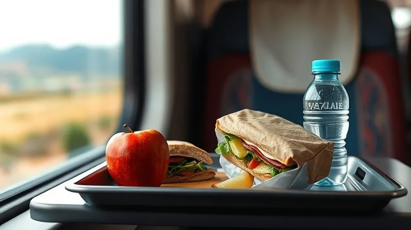 A photorealistic, professional photography, 8K, cinematic lighting, sharp focus, depth of field, shot on a high-end DSLR image of a traveler's simple, budget-friendly meal: a sandwich, an apple, and a reusable water bottle, neatly packed on a train tray table, with a blurred scenic landscape outside the window.