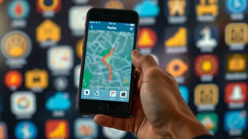 A photorealistic, professional photography, 8K, cinematic lighting, sharp focus, depth of field, shot on a high-end DSLR image of a hand holding a smartphone, displaying a map app with a highlighted route. Blurred in the background are abstract icons of various travel apps, suggesting a digital toolkit for a traveler on a budget.