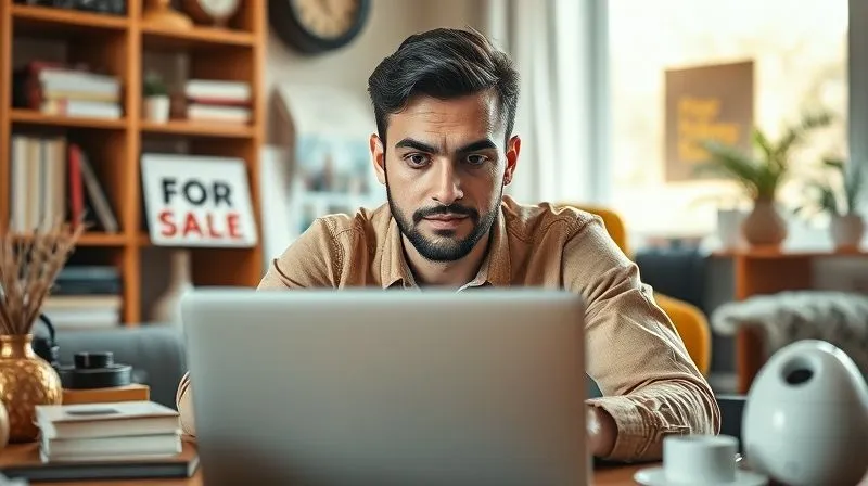 A photorealistic, professional photography shot of a person focused on a laptop, with a determined expression, surrounded by various household items being prepared for sale (e.g., books, small electronics, decor). A 'for sale' sign is faintly visible in the background, warm natural light, sharp focus on the person and laptop, depth of field blurring the background, 8K hyper-detailed.