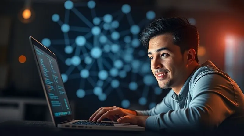 A photorealistic, professional photography shot of a person looking confidently at a laptop screen, with a network diagram faintly visible in the background, representing connections and opportunities. The lighting is bright and hopeful, sharp focus on the person's face, depth of field blurring the background, 8K hyper-detailed.