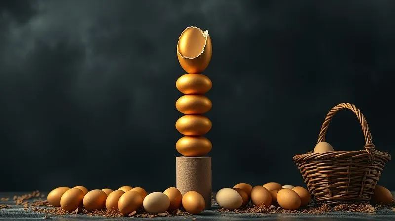 photorealistic, professional photography, 8K, cinematic lighting, sharp focus, depth of field, shot on a high-end DSLR. A precarious stack of golden eggs, representing concentrated wealth, teetering on a single, narrow pedestal against a stormy, dark background. One egg is visibly cracked. In contrast, a diverse array of baskets, each with a few eggs, is visible in a stable, well-lit foreground, symbolizing diversification and risk mitigation. The mood is tense and cautionary.