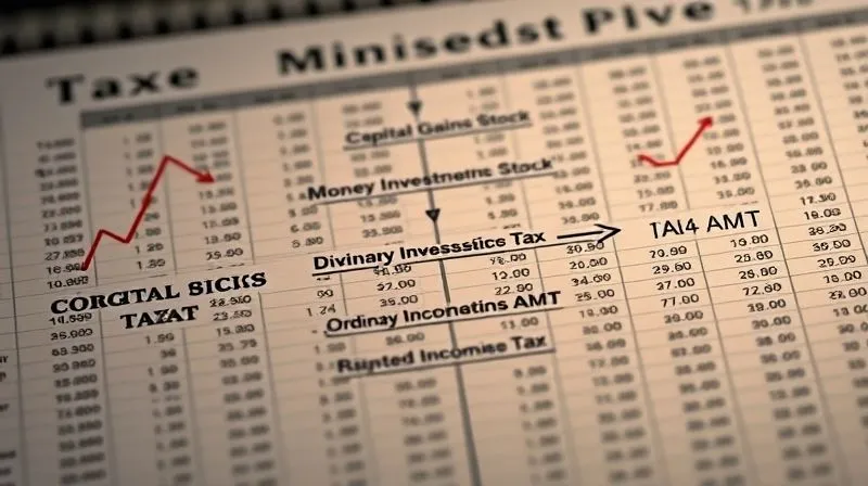 photorealistic, professional photography, 8K, cinematic lighting, sharp focus, depth of field, shot on a high-end DSLR. A detailed, illuminated infographic showing the flow of money from concentrated stock to diversified investments, with clear labels for 'Capital Gains Tax', 'Ordinary Income Tax', and 'AMT'. Arrows indicate strategic paths to minimize tax impact. The overall tone is clear, informative, and professional, set against a backdrop of a financial ledger or spreadsheet.