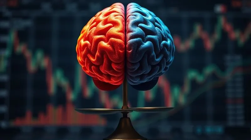 photorealistic, professional photography, 8K, cinematic lighting, sharp focus, depth of field, shot on a high-end DSLR. A human brain split down the middle, one side glowing with warm, chaotic, abstract patterns representing emotion, the other side cool, structured, and geometric patterns representing logic. A subtle scale or balance is positioned beneath, with the 'logic' side slightly heavier, symbolizing the importance of rational decision-making in finance. The background is a blurred financial dashboard.