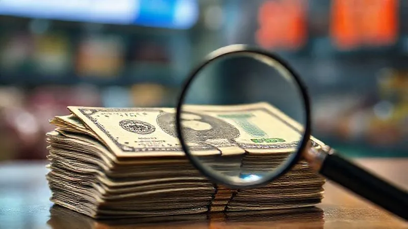 photorealistic, professional photography, 8K, cinematic lighting, sharp focus, depth of field, shot on a high-end DSLR, a stack of worn dollar bills slowly shrinking, with a powerful, almost invisible heat haze rising around them, a magnifying glass in the foreground distorts the shrinking money, emphasizing its diminishing value, the background is a blurred, abstract representation of rising price tags, emotionally resonant, depicting the erosion of purchasing power.