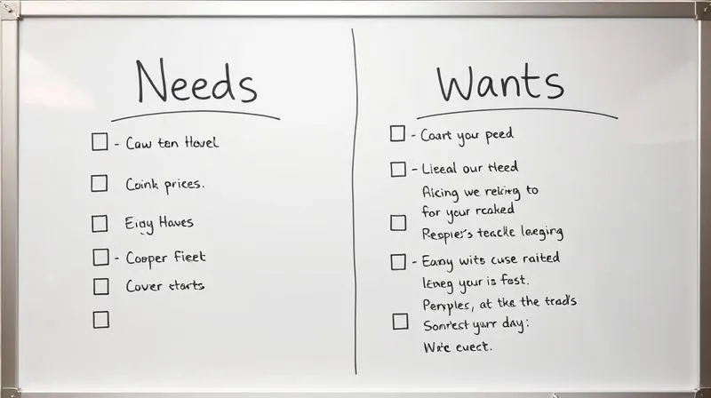 A photorealistic image of a whiteboard divided into two columns: 'Needs' and 'Wants', with handwritten lists under each. The 'Needs' column has checkmarks, while the 'Wants' column has some items crossed out or circled with question marks, symbolizing prioritization and compromise. Professional photography, 8K, cinematic lighting, sharp focus, depth of field.