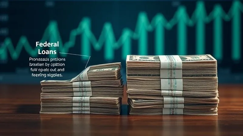 A photorealistic infographic displaying two distinct stacks of currency, one labeled "Federal Loans" with various flexible options branching out, and the other labeled "Private Loans" appearing more rigid and singular, set against a professional financial backdrop, 8K, cinematic lighting, sharp focus.
