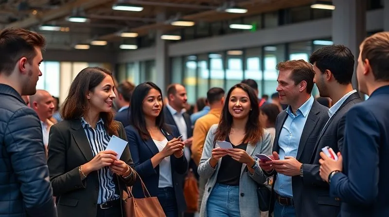 A photorealistic image of a diverse group of young professionals engaged in a dynamic networking event, some exchanging business cards, others in thoughtful conversation, with a backdrop of modern architecture. The atmosphere is energetic and collaborative, 8K, cinematic lighting, sharp focus.