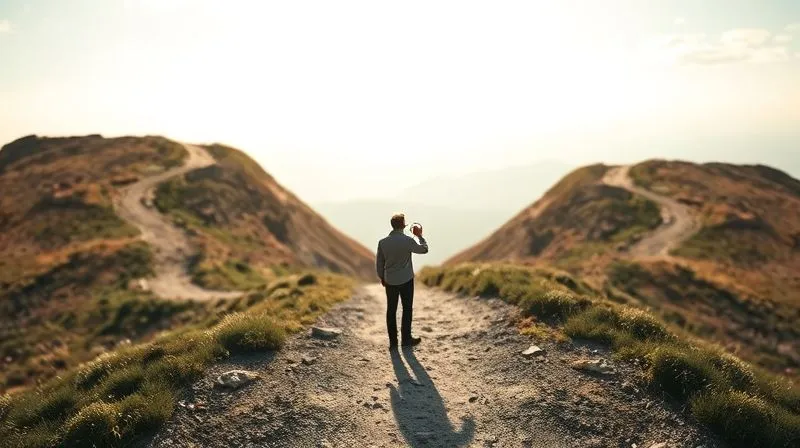 A photorealistic image of a person standing at a crossroads, looking at two distinct career paths. One path is steep and winding but leads to a brightly lit, expansive horizon (representing growth), while the other is flatter but ends abruptly (representing stagnation). The person holds a compass, symbolizing thoughtful decision-making, 8K, cinematic lighting, sharp focus.
