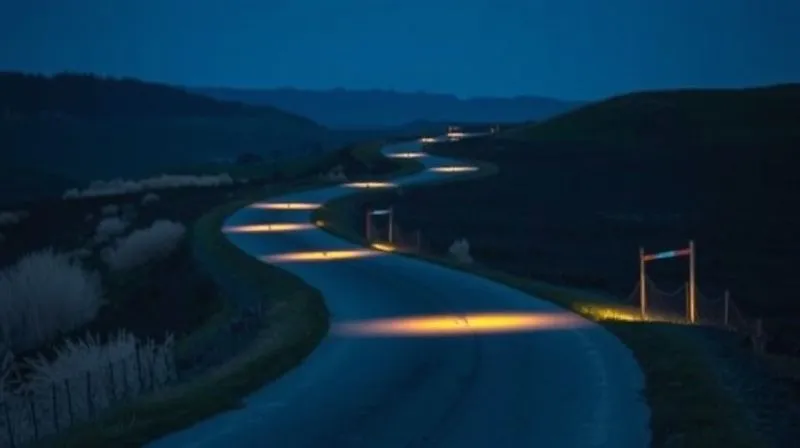 photorealistic, professional photography, 8K, cinematic lighting, sharp focus, depth of field, shot on a high-end DSLR, a winding, illuminated path leading through a gentle landscape at twilight, with several distinct, glowing milestones along the way, symbolizing progress and achievements in a long financial journey, conveying hope and steady advancement