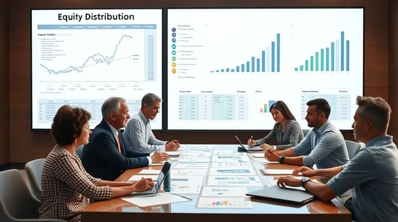 A photorealistic image of a complex financial diagram or spreadsheet projected onto a board, with a diverse group of family members and financial advisors gathered around a large table, discussing equity distribution. The atmosphere is serious but collaborative, with sharp focus on the data. Cinematic lighting, depth of field, 8K hyper-detailed.